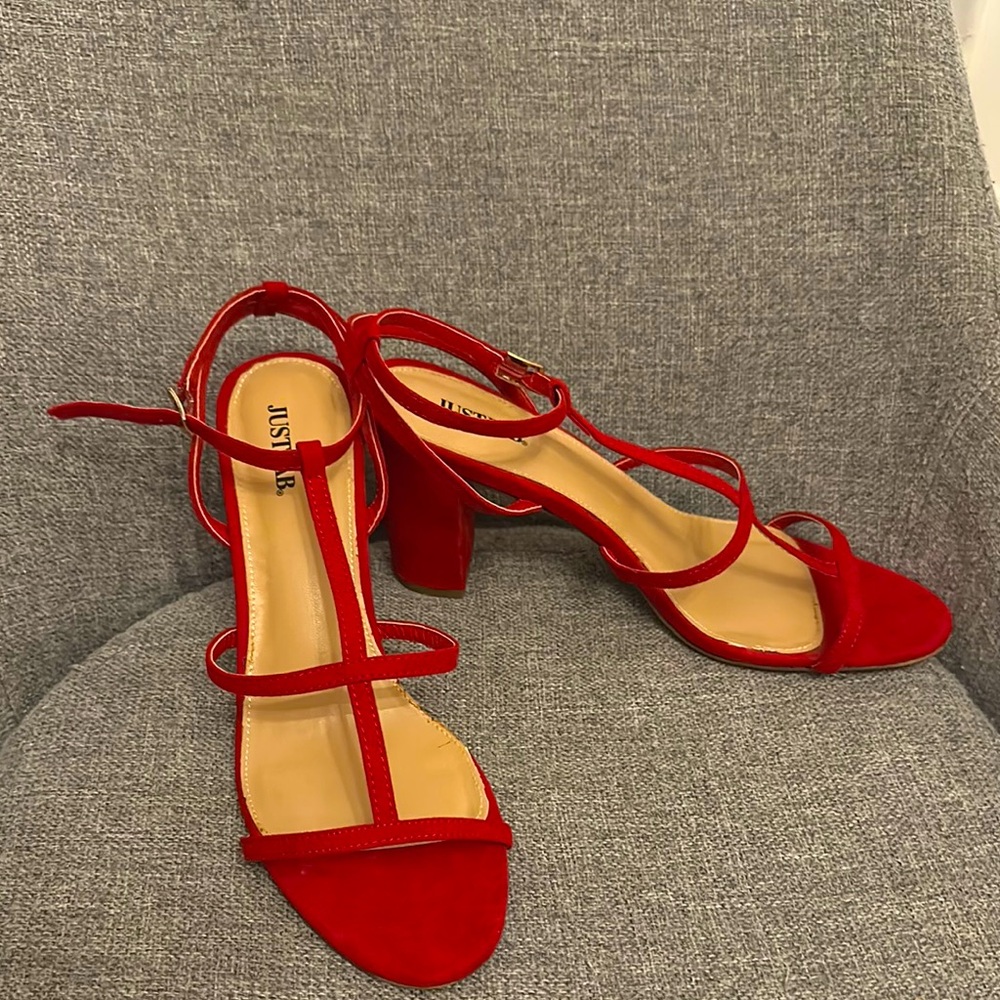 JUSTFAB T STRAP RED HEELS
